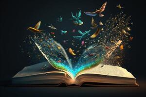 en fantastisk öppen bok, var färgrik magisk varelser är flygande ut av de sidor och in i de luft. ai genererad foto