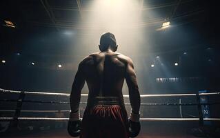 boxning mästare stående på arena. bak- se av bar överkropp man i boxning handskar. muskulös bygga begrepp. generativ ai. foto