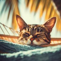 söt katt liggande i hängmatta på strand med handflatan träd. söt katt på semester liggande i hängmatta på strand med handflatan träd. generativ ai. foto