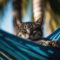 söt katt liggande i hängmatta på strand med handflatan träd. söt katt på semester liggande i hängmatta på strand med handflatan träd. generativ ai. foto