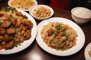 kinesisk mat, Wokad fläsk i ljuv och sur sås med ris. kyckling nudel soppa. generativ ai foto