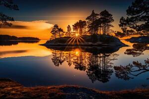 ai genererad skön solnedgång på de kust av en sjö i en naturlig landskap. foto