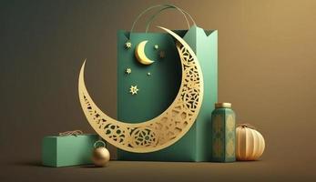 handla väska, gåva låda, lykta, guld halvmåne måne på grön bakgrund. design begrepp av islamic firande dag ramadan kareem eller eid al fitr adha, 3d illustration, generera ai foto