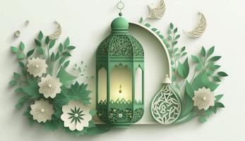islamic hälsning eid mubarak kort för muslim högtider. eid-ul-adha festival firande. arabicum ramadan lykta. dekoration lampa, generera ai foto