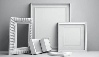 Galleri vägg mockup, tom Foto ram på vit bakgrund, ram mockup, 3d framställa, generera ai