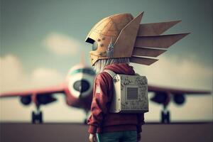 person bär en hjälm stående i främre av ett flygplan. generativ ai. foto