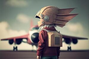 man stående i främre av ett flygplan med en kartong låda på hans huvud. generativ ai. foto