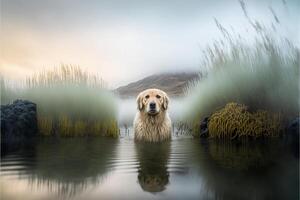 hund den där är stående i några vatten. generativ ai. foto