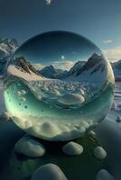 glas boll Sammanträde på topp av en snö täckt jord. generativ ai. foto