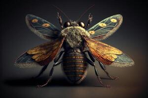 stänga upp av en flyga insekt på en svart bakgrund. generativ ai. foto