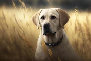 stänga upp av en hund i en fält av lång gräs. generativ ai. foto