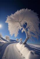 snö täckt träd Sammanträde på de sida av en snö täckt väg. generativ ai. foto