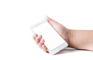 mobil telefon i pojke hand med vit tom pekskärm foto