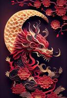 generativ ai illustration av papper skära hantverk, quilling mång dimensionell kinesisk stil, zodiaken drake med lyktor och körsbär blommar i bakgrund, kinesisk ny år. foto