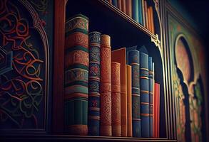 generativ ai illustration av islamic bibliotek böcker, tapet, ljus, attraktiv, kärlek för böcker foto