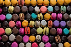 generativ ai illustration av omfattande array av annorlunda ljust färgad macaroons foto