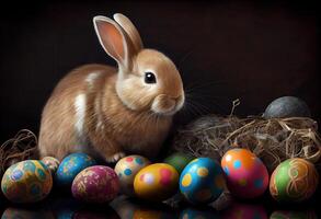 generativ ai illustration av söt bebis kanin som påsk kanin Sammanträde i påsk ägg som påsk under träd, bakgrund tapet design foto