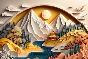 generativ ai illustration av kinesisk natur och landskap på fast bakgrund, gynnsam moln, ravin ström, berg räckvidd, många hus och gammal byggnader, mång dimensionell papper quilling foto
