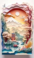 generativ ai illustration av kinesisk natur och landskap på fast bakgrund, gynnsam moln, ravin ström, berg räckvidd, många hus och gammal byggnader, mång dimensionell papper quilling foto