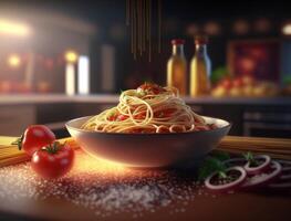 italiensk mat. spaghetti pasta i svart tallrik på mörk bakgrund. generativ ai foto