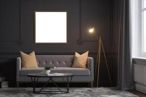 modern Hem interiör i mörk färger med soffa och lampa. attrapp ram. generativ ai foto