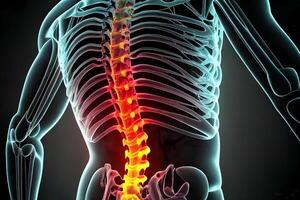röntgen av en personens ryggrad med de ryggrad område upplyst. generativ ai foto