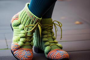 modern kvinnors sticka, värma stövlar med en grön Färg enda. generativ ai foto