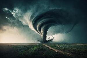 en kraftfull tornado träffar de jord och sveper allt från dess väg. generativ ai foto
