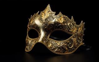 metallisk guld mask, gyllene mask för purim, karneval, maskerad, ai generativ foto