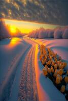 fält av tulpaner i de snö på solnedgång. generativ ai. foto