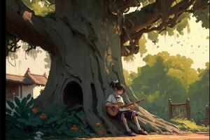 flicka Sammanträde under en träd spelar en gitarr. generativ ai. foto