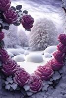 hjärta formad krans av rosa ro i de snö. generativ ai. foto