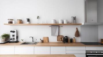 enkel minimalistisk modern kök mysigt bekväm och elegant för hus och lägenhet, skåp, kök handfat, och några kök vitvaror, dinning rum, Bra interiör. foto