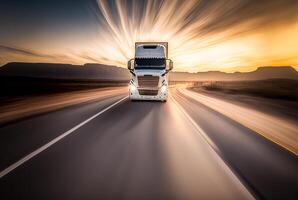 frakt transport lastbil på de väg på solnedgång, generativ ai foto