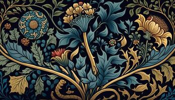 generativ ai, blommig färgrik mönster. william morris inspirerad naturlig växter och blommor bakgrund, årgång illustration. folk stil foto