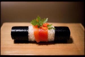 japansk kök. sushi och rullar på de tabell i de restaurang. generativ ai foto