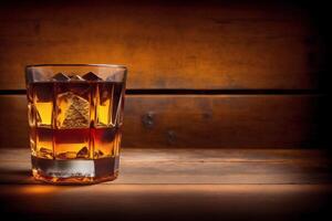 glas av whisky på de stenar med is kuber på en trä- tabell, närbild. generativ ai foto
