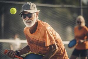 Foto av ett äldre man innehav en pickleball racket på en pickleball domstol. generativ ai