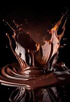 generativ ai illustration av varm smält mörk choklad stänk, svart bakgrund foto
