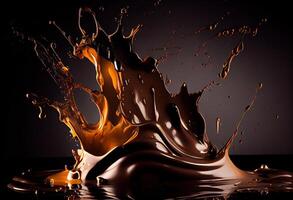 generativ ai illustration av varm smält mörk choklad stänk, svart bakgrund foto