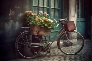 cykel med blommor och en korg med bukett av blommor. skön årgång vykort. ai generativ foto