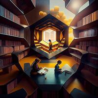 en hexagonal formad bibliotek med barn. generativ ai foto