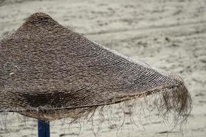 sugrör paraply på sandig strand - detalj foto