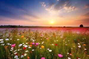 skön äng med massor av blommor under solnedgång skapas med generativ ai teknologi. foto