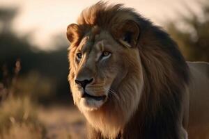 porträtt av en stark manlig lejon med de afrikansk savann i de bakgrund skapas med generativ ai teknologi. foto