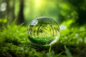 kristall boll på grön gräs med reflexion av grön vegetation inuti. neuralt nätverk genererad konst foto