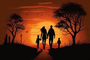 silhuetter av Lycklig ung familj gående på solnedgång ai genererad foto