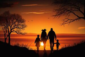 silhuetter av Lycklig ung familj gående på solnedgång ai genererad foto