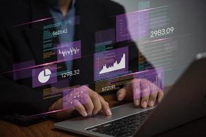 företag intelligens instrumentbräda visuell visa av marknadsföring data analys tillhandahåller av nyckel metrik och kpi ekonomisk analys och investering finansiera och marknadsföring planera, stor data grafer diagram. foto