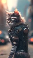 illustration av katt i cyberpunk stil med kläder och Kläder med trogen stad bakgrund och neon ljus. vetenskap fiktion fantasi bild. ai genererad bilder. foto